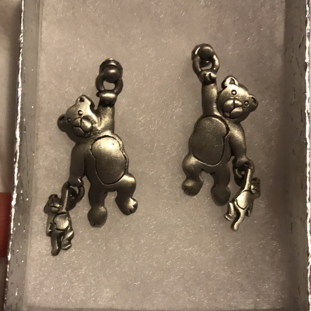 JJ bear teddy bear post earrings dangle silver tone